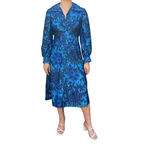 Vintage 1970s Womens Handmade Blue Floral Psychedelic Floral Disco Collar Dress - Picture 2 of 9